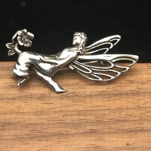 Vintage Jezlaine Sterling Fairy Brooch, Elegant 925 Silver Pin of Pixie and Flow